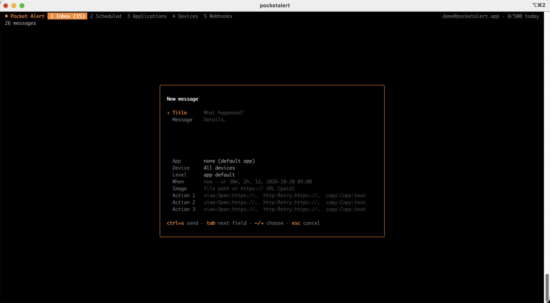 Composing a new message in the terminal