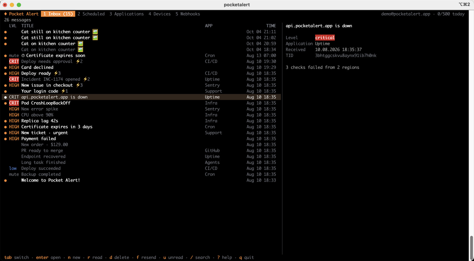 The Pocket Alert CLI inbox in the terminal